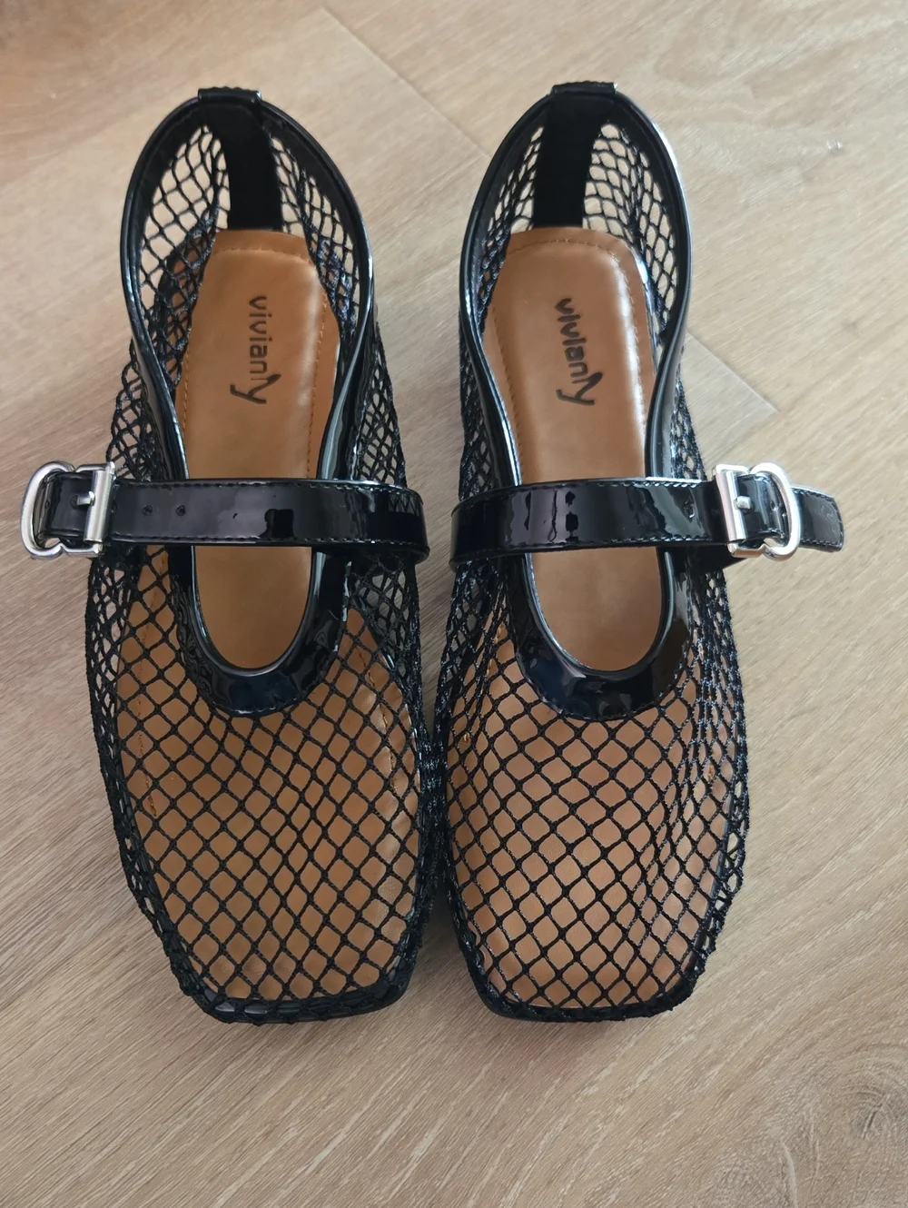 Vivianly Black Patent Mesh Mary Jane Flats